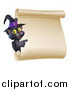 Vector Illustration of a Black Cat Wearing a Witch Hat and Pointing to a Halloween Scroll Sign by AtStockIllustration