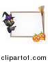 Vector Illustration of a Black Cat Wearing a Witch Hat and Pointing to a Halloween Sign with Pumpkins and a Broomstick by AtStockIllustration