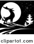 Vector Illustration of a Black Silhouetted Buck Deer with Evergreens Under a Full Moon at Night by AtStockIllustration