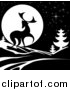 Vector Illustration of a Black Silhouetted Buck with Evergreens Under a Full Moon at Night by AtStockIllustration