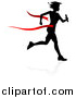 Vector Illustration of a Black Silhouetted Female Graduate Running a Race, with a Shadow, Breaking Through a Red Finish Line Ribbon by AtStockIllustration