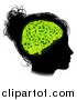 Vector Illustration of a Black Silhouetted Girl's Head in Profile, with Green Glowing Circuit Brain by AtStockIllustration