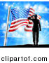 Vector Illustration of a Black Silhouetted Solder Saluting on a Hill Top over an American Flag and Sky by AtStockIllustration