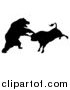 Vector Illustration of a Black Silhouetted Stock Market Bull and Bear Fighting by AtStockIllustration