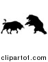Vector Illustration of a Black Silhouetted Stock Market Bull Fighting a Bear by AtStockIllustration