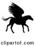 Vector Illustration of a Black Silhouetted Trotting Winged Pegasus Horse by AtStockIllustration