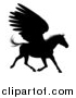 Vector Illustration of a Black Silhouetted Winged Pegasus Horse Running by AtStockIllustration