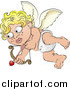 Vector Illustration of a Blond Haired, Freckled, Diapered Baby Angel with Wings, Flying and Preparing to Shoot an Arrow on Valentine's Day by AtStockIllustration