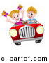 Vector Illustration of a Blond White Boy Driving a Girl in a Red Convertible Car, Catching Air by AtStockIllustration