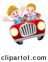 Vector Illustration of a Blond White Girl Driving a Boy in a Red Convertible Car, Catching Air by AtStockIllustration