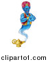 Vector Illustration of a Blue Genie Emerging from His Lamp and Pointing at You by AtStockIllustration