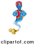 Vector Illustration of a Blue Genie Pointing Outwards over His Lamp by AtStockIllustration