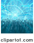 Vector Illustration of a Blue Music Background of People Dancing over a Burst with Equalizer Bars by AtStockIllustration