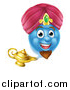 Vector Illustration of a Blue Smiley Emoji Emoticon Genie Emerging from a Lamp by AtStockIllustration