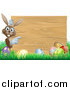 Vector Illustration of a Brown Bunny by a Wood Sign and Easter Eggs by AtStockIllustration