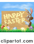 Vector Illustration of a Brown Bunny Pointing to a Happy Easter Sign, with a Basket and Easter Eggs in Grass by AtStockIllustration