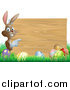 Vector Illustration of a Brown Bunny Pointing to a Wooden Sign over Easter Eggs in Grass by AtStockIllustration