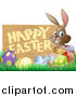 Vector Illustration of a Brown Bunny with a Basket and Easter Eggs in Grass, by a Happy Easter Sign by AtStockIllustration