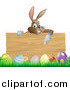 Vector Illustration of a Brown Easter Bunny Pointing down at a Wood Sign over Eggs in Grass by AtStockIllustration