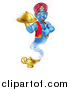 Vector Illustration of a Cartoon Blue Strong Blue Aladdin Genie Floating over a Lamp with a Cloche in Hand, Giving a Thumb up by AtStockIllustration