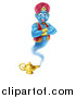 Vector Illustration of a Cartoon Blue Strong Blue Aladdin Genie Floating over a Lamp with His Arms Folded by AtStockIllustration