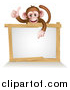 Vector Illustration of a Cartoon Brown Happy Baby Chimpanzee Monkey Giving a Thumb up and Pointing down to a Blank White Sign by AtStockIllustration