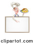 Vector Illustration of a Cartoon Caucasian Male Chef with a Curling Mustache, Holding a Kebab Sandwich on a Tray, Pointing down over a Blank Menu Sign by AtStockIllustration