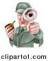 Vector Illustration of a Cartoon Caucasian Male Detective, like Sherlock Homes, Looking Through a Magnifying Glass and Holding a Pipe by AtStockIllustration