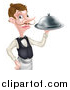 Vector Illustration of a Cartoon Caucasian Male Waiter with a Curling Mustache, Holding a Cloche Platter by AtStockIllustration