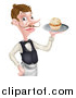 Vector Illustration of a Cartoon Caucasian Male Waiter with a Curling Mustache, Holding a Cupcake on a Tray by AtStockIllustration