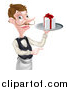 Vector Illustration of a Cartoon Caucasian Male Waiter with a Curling Mustache, Holding a Gift on a Platter and Pointing by AtStockIllustration