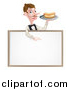 Vector Illustration of a Cartoon Caucasian Male Waiter with a Curling Mustache, Holding a Hot Dog on a Tray and Pointing down over a Blank White Menu Sign Board by AtStockIllustration