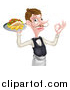 Vector Illustration of a Cartoon Caucasian Male Waiter with a Curling Mustache, Holding a Kebab Sandwich and Fries on a Tray and Gesturing Okay by AtStockIllustration