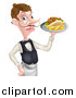 Vector Illustration of a Cartoon Caucasian Male Waiter with a Curling Mustache, Holding a Kebab Sandwich and Fries on a Tray by AtStockIllustration