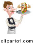 Vector Illustration of a Cartoon Caucasian Male Waiter with a Curling Mustache, Holding a Kebab Sandwich Character on a Tray and Pointing by AtStockIllustration