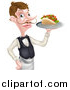 Vector Illustration of a Cartoon Caucasian Male Waiter with a Curling Mustache, Holding a Kebab Sandwich on a Tray by AtStockIllustration