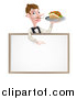 Vector Illustration of a Cartoon Caucasian Male Waiter with a Curling Mustache, Holding a Kebab Sandwich on a Tray, Pointing down over a Blank Sign by AtStockIllustration
