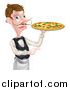 Vector Illustration of a Cartoon Caucasian Male Waiter with a Curling Mustache, Holding a Pizza on a Tray and Pointing by AtStockIllustration
