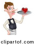 Vector Illustration of a Cartoon Caucasian Male Waiter with a Curling Mustache, Holding a Red Love Heart on a Tray by AtStockIllustration