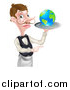 Vector Illustration of a Cartoon Caucasian Male Waiter with a Curling Mustache, Holding Earth on a Tray and Pointing by AtStockIllustration