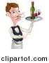 Vector Illustration of a Cartoon Caucasian Male Waiter with a Curling Mustache, Holding Red Wine on a Tray and Pointing by AtStockIllustration