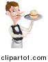 Vector Illustration of a Cartoon Caucasian Male Waiter with a Curling Mustache, Pointing and Holding a Cupcake on a Tray by AtStockIllustration