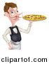 Vector Illustration of a Cartoon Caucasian Male Water with a Curling Mustache, Holding a Pizza on a Tray by AtStockIllustration