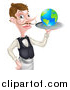 Vector Illustration of a Cartoon Caucasian Male Water with a Curling Mustache, Holding Earth on a Tray by AtStockIllustration