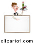 Vector Illustration of a Cartoon Caucasian Male Water with a Curling Mustache, Holding Red Wine on a Tray and Pointing down over a Blank Menu Sign Board by AtStockIllustration