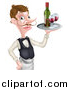 Vector Illustration of a Cartoon Caucasian Male Water with a Curling Mustache, Holding Red Wine on a Tray by AtStockIllustration