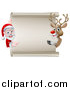 Vector Illustration of a Cartoon Christmas Rudolph the Red Nosed Reindeer and Santa Pointing Around a Blank Scroll Sign by AtStockIllustration