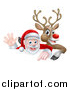 Vector Illustration of a Cartoon Christmas Rudolph the Red Nosed Reindeer and Waving Santa over a Sign by AtStockIllustration