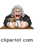Vector Illustration of a Cartoon Fierce Angry Male Judge Spitting, Holding a Gavel and Pounding a Fist into a Podium by AtStockIllustration