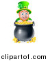 Vector Illustration of a Cartoon Friendly St Patricks Day Leprechaun Smiling over a Pot of Gold by AtStockIllustration